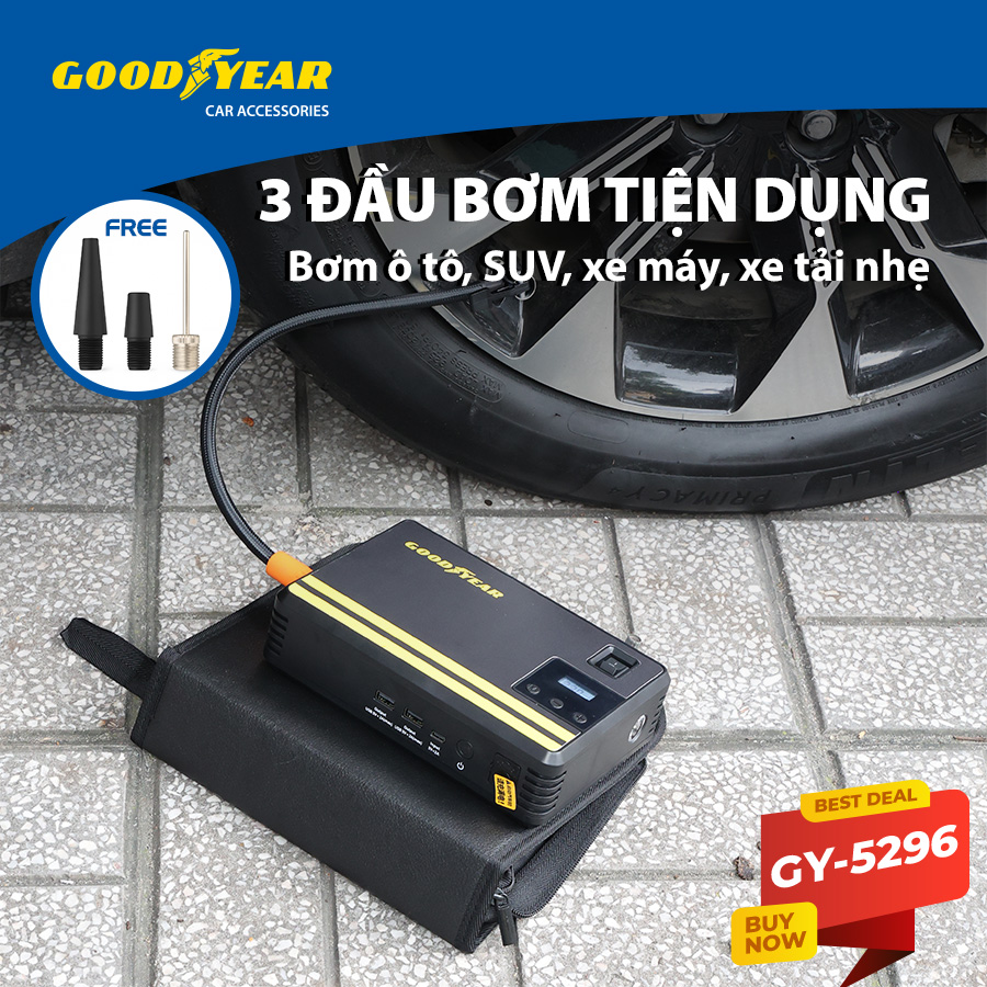 Bộ kích điện+bơm hơi Goodyear GY-5296 12V 10400mAh - 400A - 38.48Wh-2.6A 150PSI-21L/min mặt đồng hồ điện tử