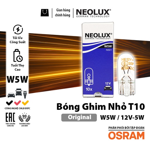 [BDNLXT1012VN501] Bóng gim nhỏ T10 (W5W) TRẮNG 12V 5W  N501 Hiệu NEOLUX