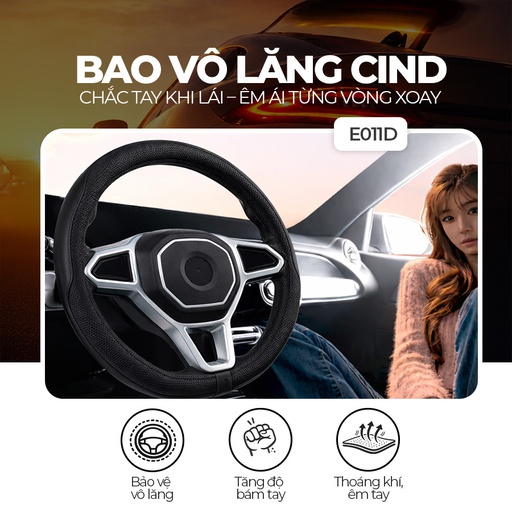 [BTLSMDE011D] Bao vô lăng CIND PU+TPE kiểu D E011D Size M đen/đen